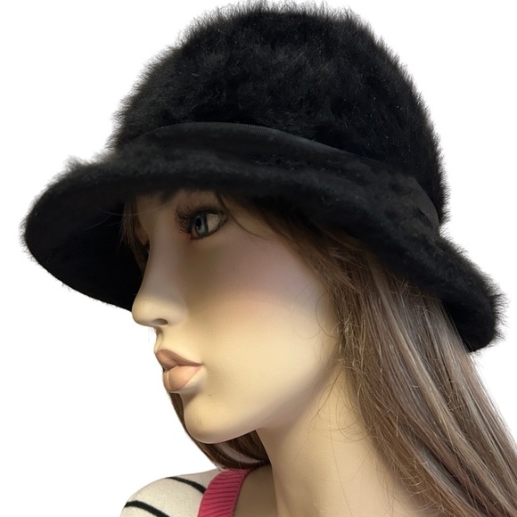 Kangol Fuzzy Angora Hat  Wool Soft Furry Luxe Bucket Cloche Trilby Black Vintage - Picture 5 of 11